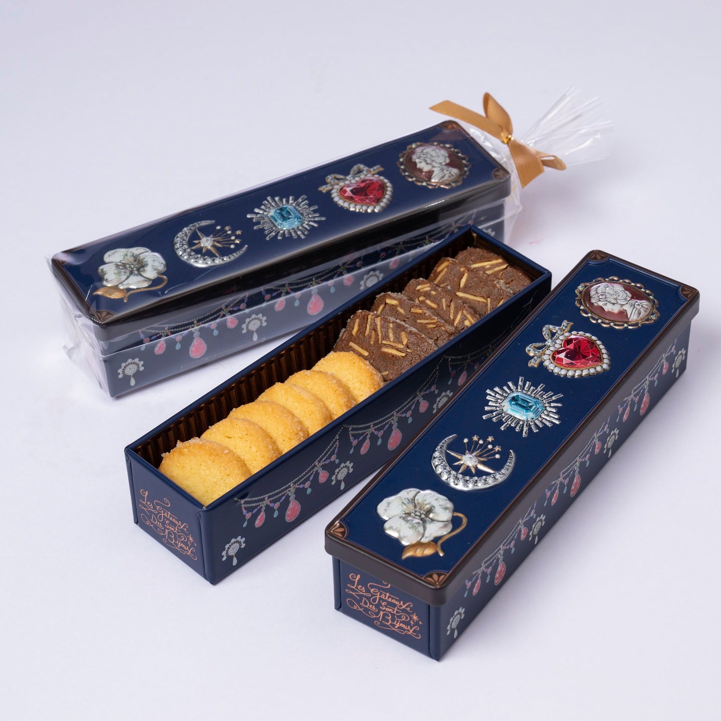 ビジュー缶・ネイビー　２種のクッキー缶